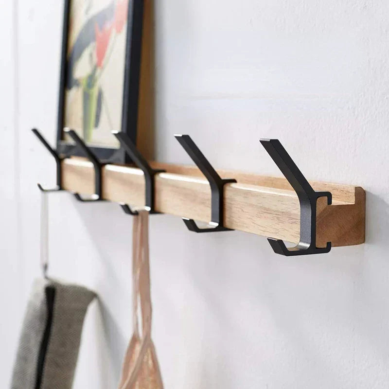 Sleek Nordic Wall-Mounted Coat Rack with Adjustable Dual Hooks in Black & Wood Finish