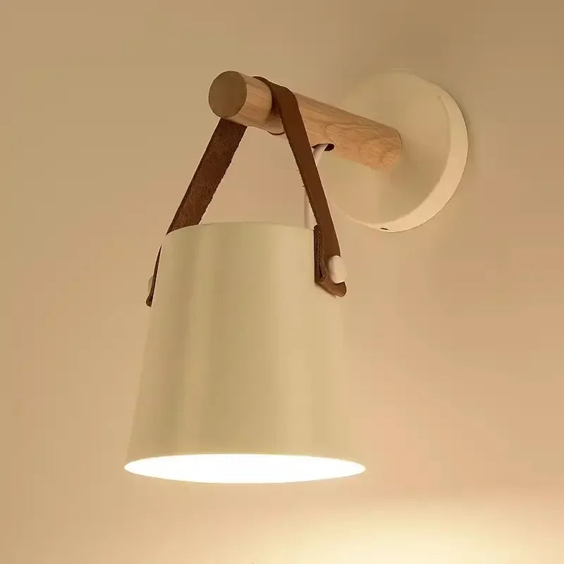 Nordic Wood & Leather Wall Lamp — Cozy Hanging Bedside Light