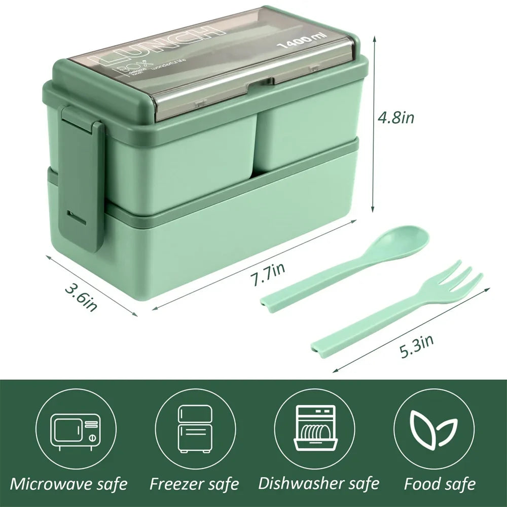 Two-Tier 1400ml Bento Box - Portable Lunch Box with Fork & Spoon, Microwave-Safe Food Storage for Kids & Adults