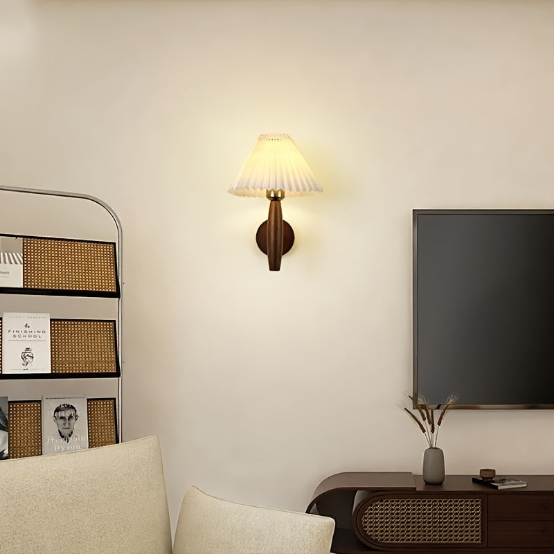 Nordic Wooden Wall Sconce with Pleated Shade β Retro Bedside Lamp