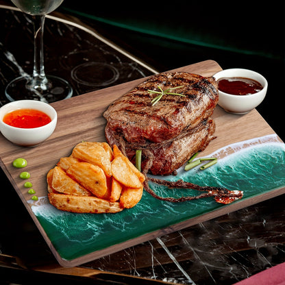 Ocean-Wave Resin Cutting Board — Premium Acacia Wood Cheese & Serving Board