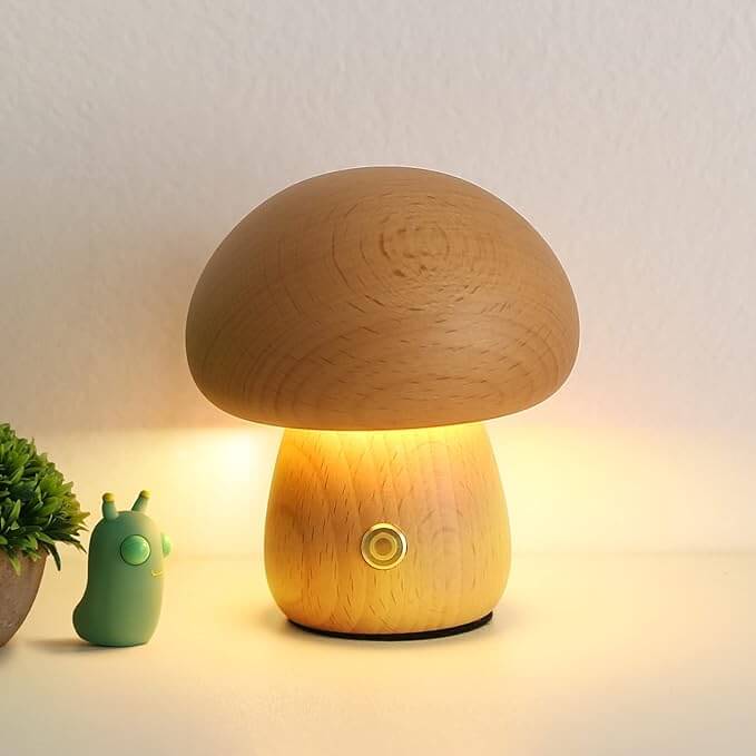 Charming Portobello Mushroom Lamp with Natural Wood Finish — Rechargeable Night Light