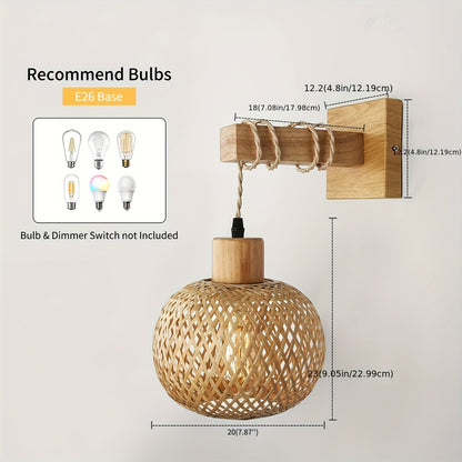 Rustic Wooden Wall Sconce with Handwoven Rattan Accent