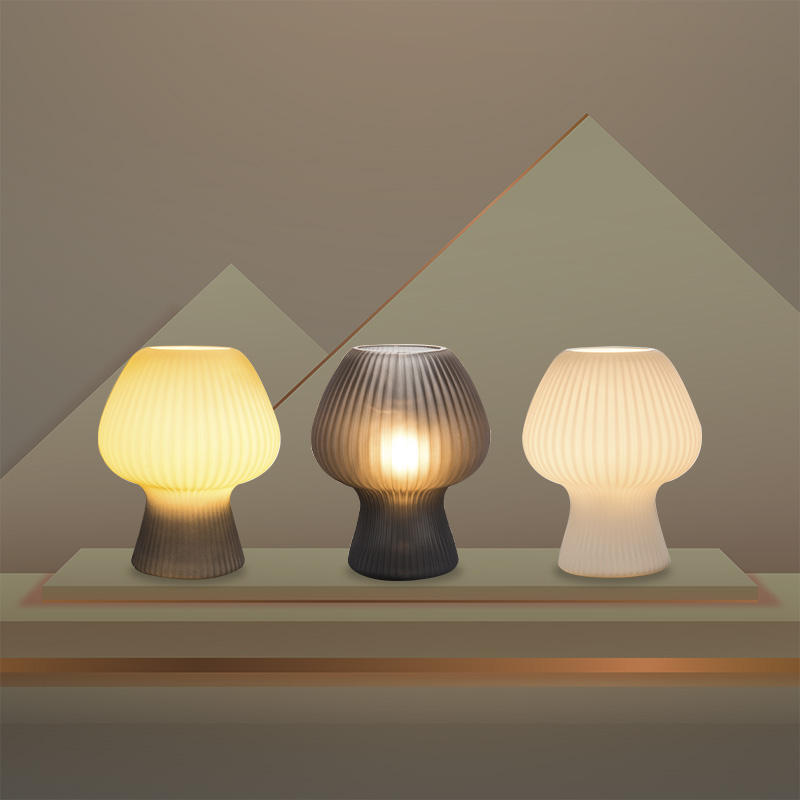 Vintage Bedside Table Lamp with Ribbed Glass Mushroom Shade