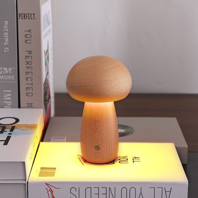 Charming Portobello Mushroom Lamp with Natural Wood Finish — Rechargeable Night Light