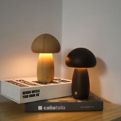 Charming Portobello Mushroom Lamp with Natural Wood Finish — Rechargeable Night Light