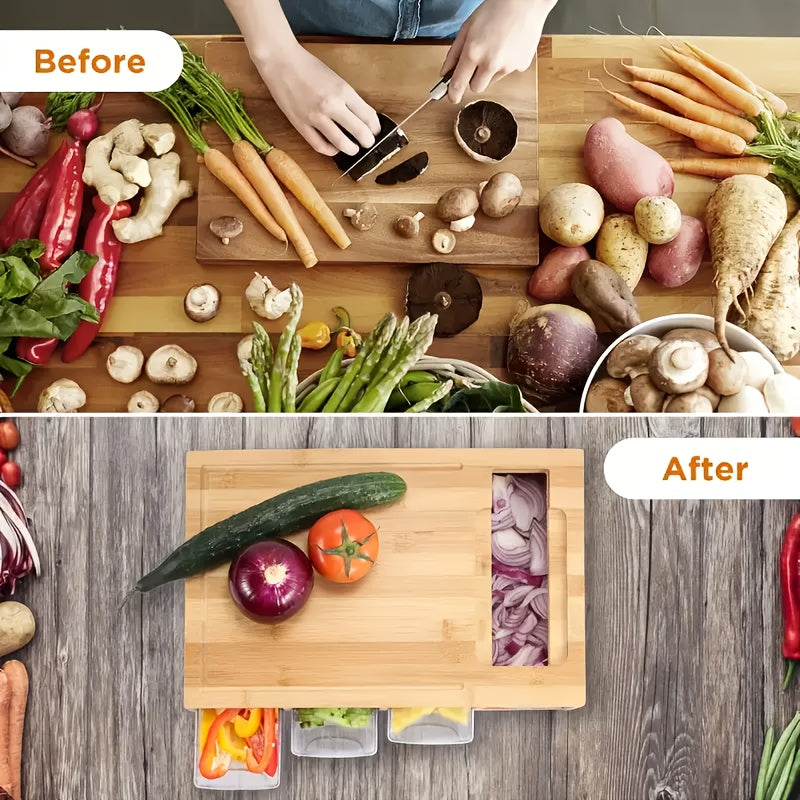 Premium Bamboo Cutting Board with Built-In Storage Trays and Graters — All-in-One Kitchen Prep Station