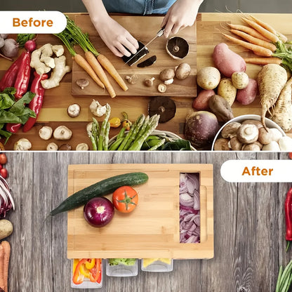 Premium Bamboo Cutting Board with Built-In Storage Trays and Graters — All-in-One Kitchen Prep Station