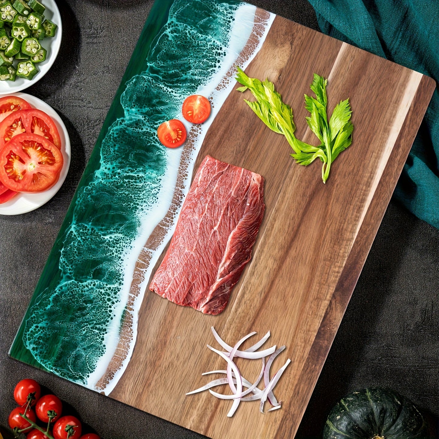 Ocean-Wave Resin Cutting Board — Premium Acacia Wood Cheese & Serving Board