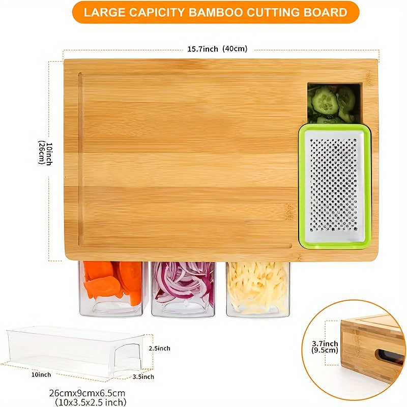 Premium Bamboo Cutting Board with Built-In Storage Trays and Graters — All-in-One Kitchen Prep Station
