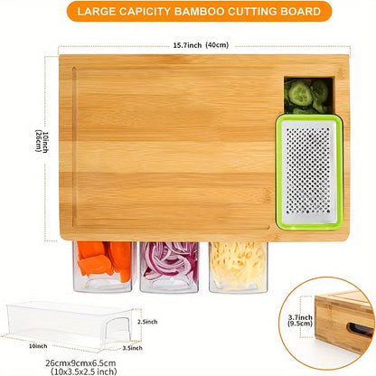 Premium Bamboo Cutting Board with Built-In Storage Trays and Graters — All-in-One Kitchen Prep Station