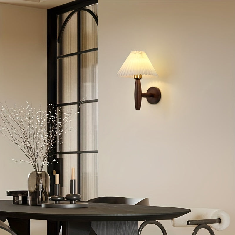 Nordic Wooden Wall Sconce with Pleated Shade – Retro Bedside Lamp