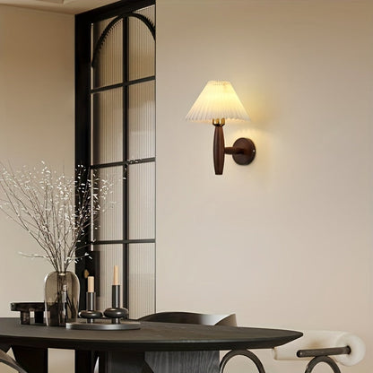 Nordic Wooden Wall Sconce with Pleated Shade – Retro Bedside Lamp