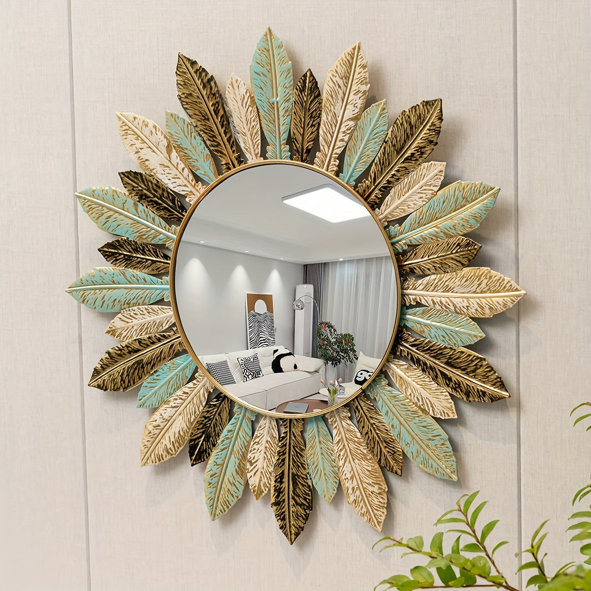 Vibrant Bohemian Sunburst Metal Wall Mirror in Teal & Gold Leaf Finish