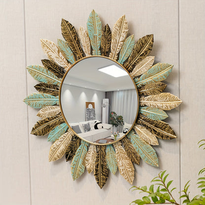 Vibrant Bohemian Sunburst Metal Wall Mirror in Teal & Gold Leaf Finish