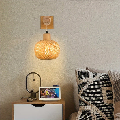Rustic Wooden Wall Sconce with Handwoven Rattan Accent
