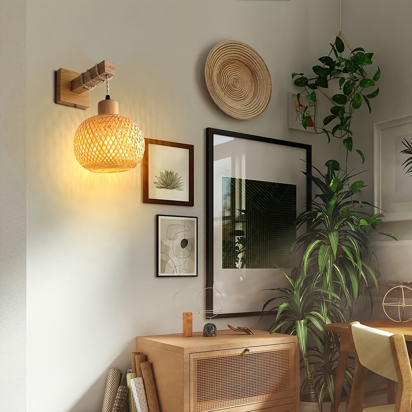 Rustic Wooden Wall Sconce with Handwoven Rattan Accent