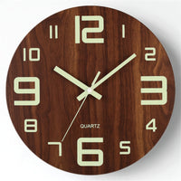 Walnut Luminous Wall Clock - Silent Movement with Glow-in-the-Dark Display in a Sleek Wooden Design