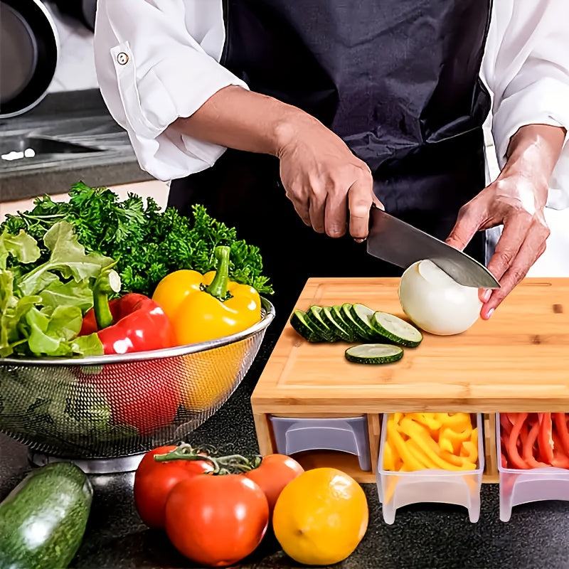 Premium Bamboo Cutting Board with Built-In Storage Trays and Graters — All-in-One Kitchen Prep Station