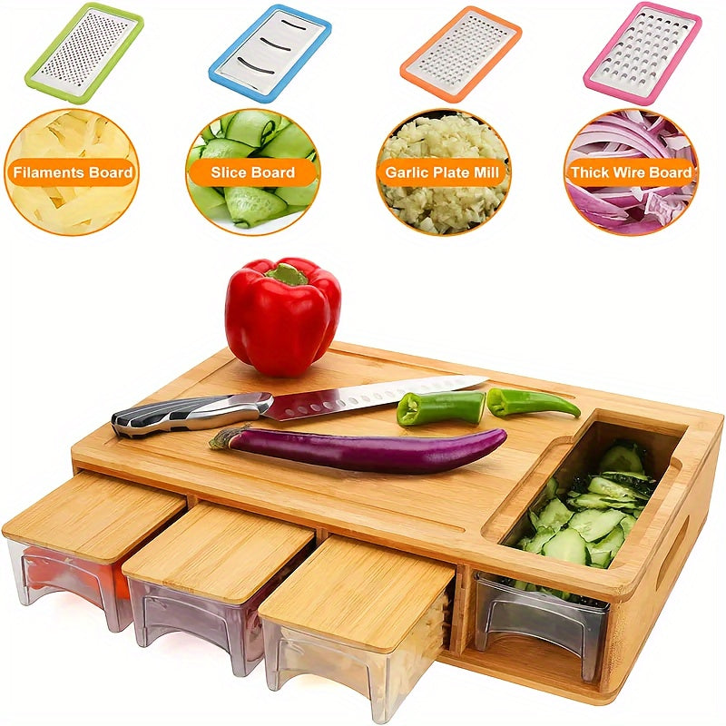 Premium Bamboo Cutting Board with Built-In Storage Trays and Graters — All-in-One Kitchen Prep Station