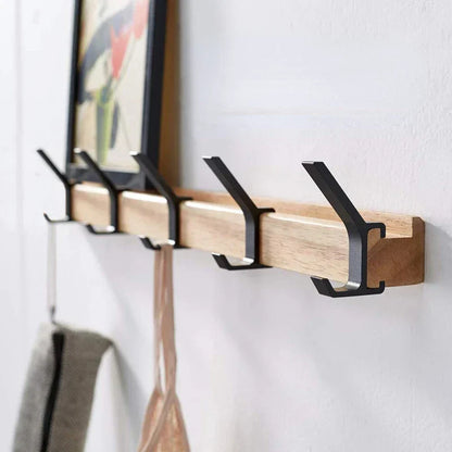 Sleek Nordic Wall-Mounted Coat Rack with Adjustable Dual Hooks in Black & Wood Finish