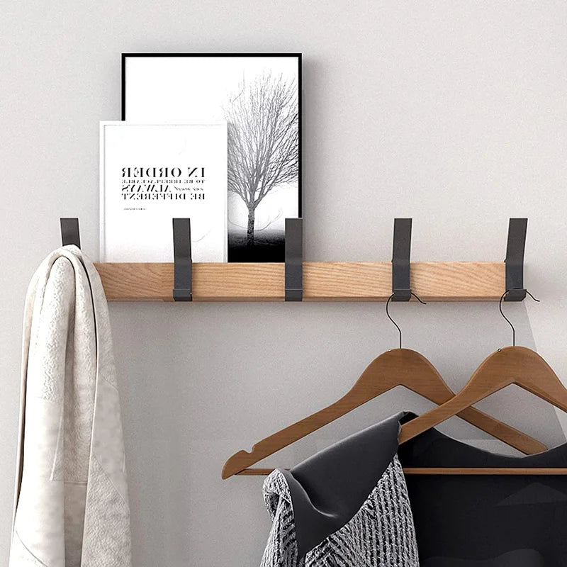 Sleek Nordic Wall-Mounted Coat Rack with Adjustable Dual Hooks in Black & Wood Finish
