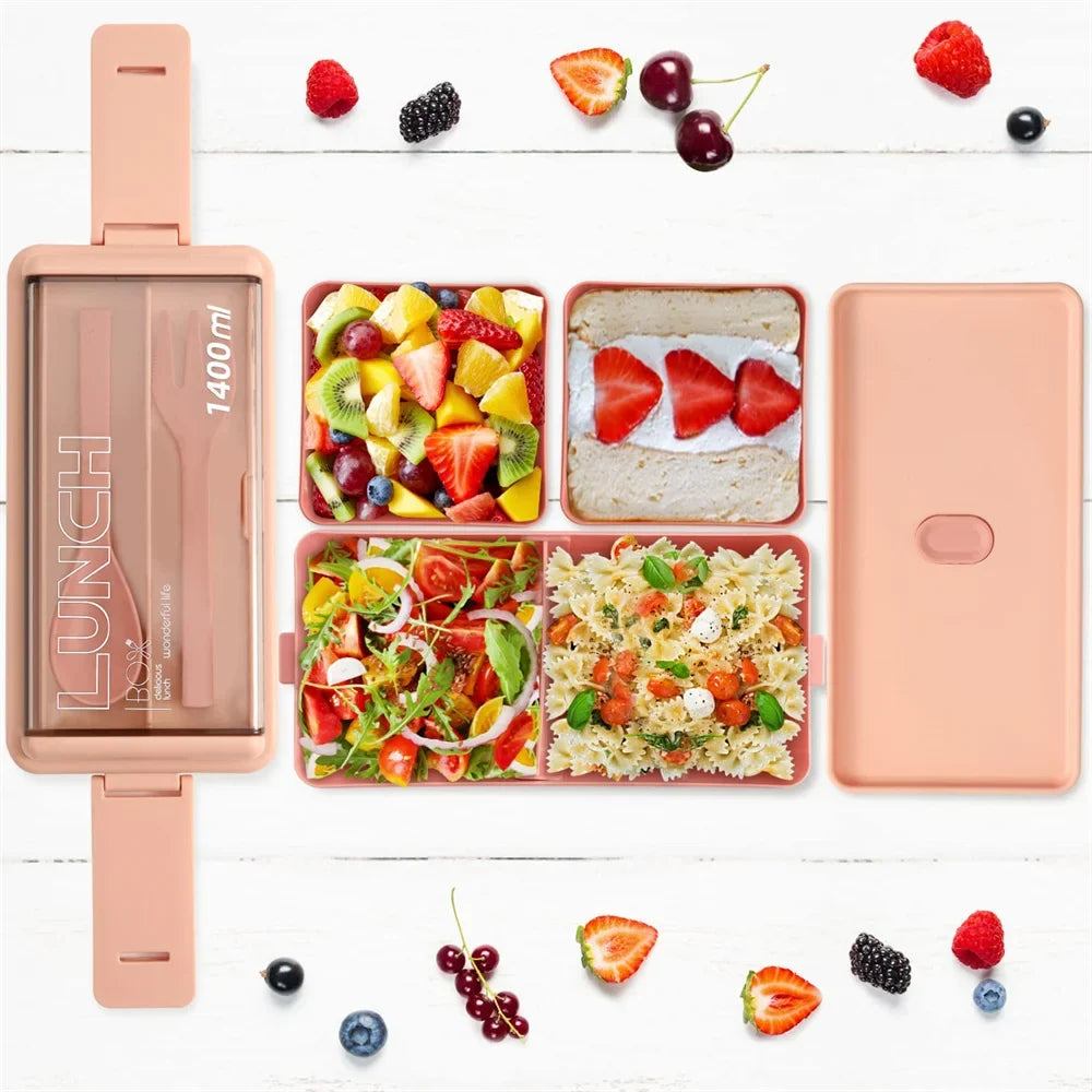 Two-Tier 1400ml Bento Box - Portable Lunch Box with Fork & Spoon, Microwave-Safe Food Storage for Kids & Adults
