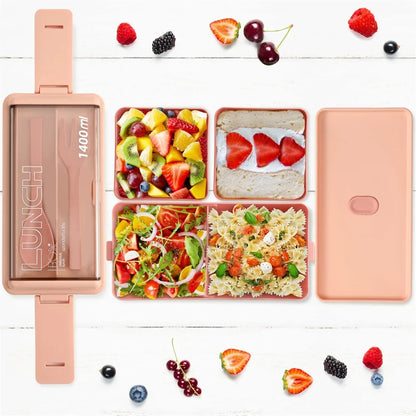 Two-Tier 1400ml Bento Box - Portable Lunch Box with Fork & Spoon, Microwave-Safe Food Storage for Kids & Adults