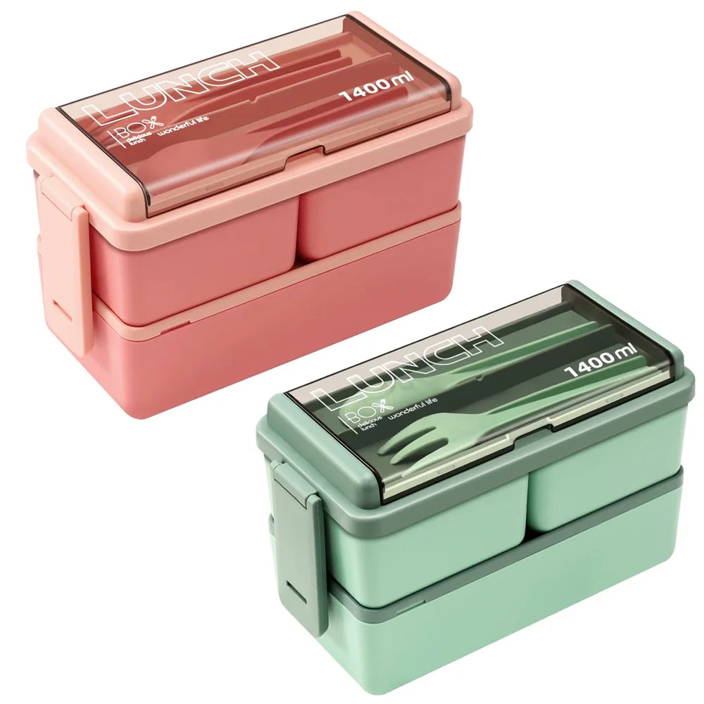 Two-Tier 1400ml Bento Box - Portable Lunch Box with Fork & Spoon, Microwave-Safe Food Storage for Kids & Adults