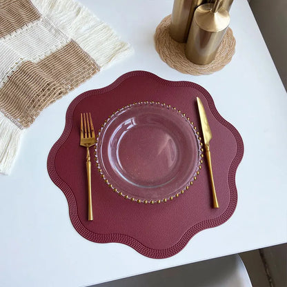 FloraMat Luxury Round Faux Leather Placemats with Embossed Flower Design