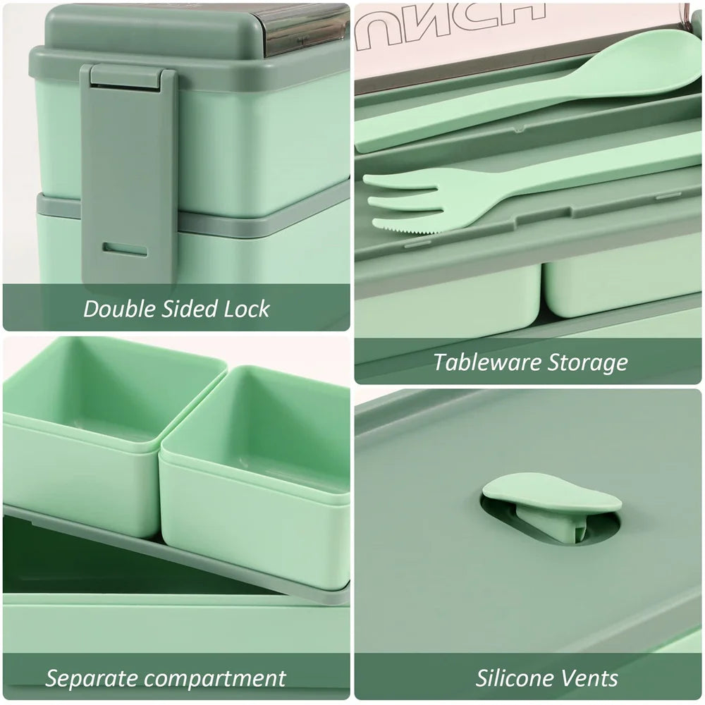 Two-Tier 1400ml Bento Box - Portable Lunch Box with Fork & Spoon, Microwave-Safe Food Storage for Kids & Adults