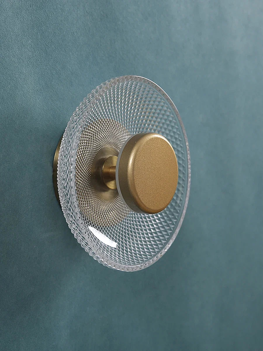 Modern Coloured Glass Wall Lamp with Textured LED Disc Light – Sleek, Ambient Lighting