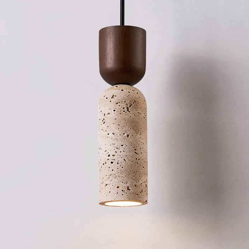 Wabi-Sabi Travertine & Wood Pendant Light — Subtle Japanese Minimalist Bedside Lighting