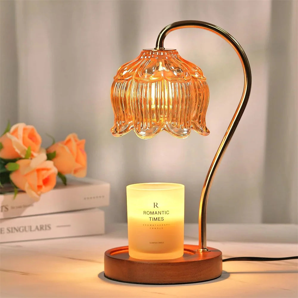 Vintage-Style Candle Warmer Lamp with Glass Shade & Solid Wood Base