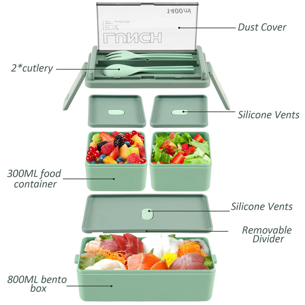Two-Tier 1400ml Bento Box - Portable Lunch Box with Fork & Spoon, Microwave-Safe Food Storage for Kids & Adults