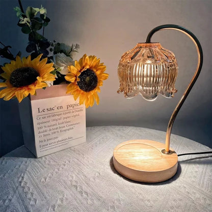 Vintage-Style Candle Warmer Lamp with Glass Shade & Solid Wood Base