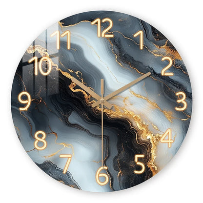 Elegant Blue & Gold Marble Wall Clock with Quiet Wooden Design