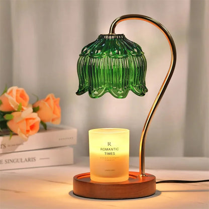 Vintage-Style Candle Warmer Lamp with Glass Shade & Solid Wood Base