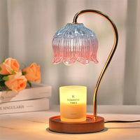 Vintage-Style Candle Warmer Lamp with Glass Shade & Solid Wood Base