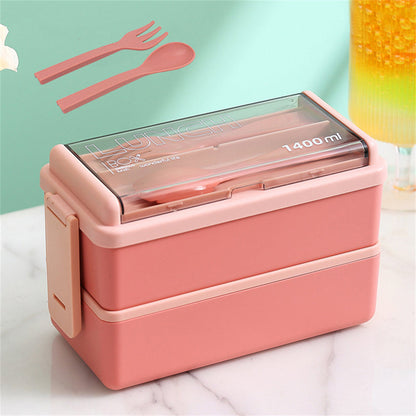Two-Tier 1400ml Bento Box - Portable Lunch Box with Fork & Spoon, Microwave-Safe Food Storage for Kids & Adults