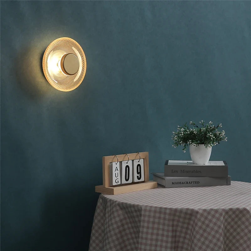 Modern Coloured Glass Wall Lamp with Textured LED Disc Light – Sleek, Ambient Lighting