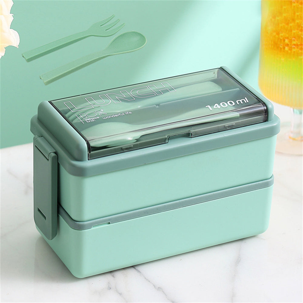 Two-Tier 1400ml Bento Box - Portable Lunch Box with Fork & Spoon, Microwave-Safe Food Storage for Kids & Adults