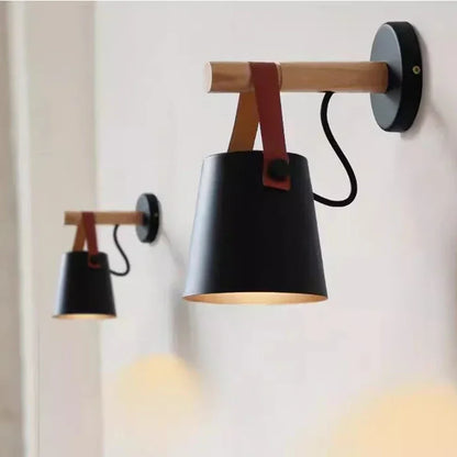Nordic Wood & Leather Wall Lamp — Cozy Hanging Bedside Light