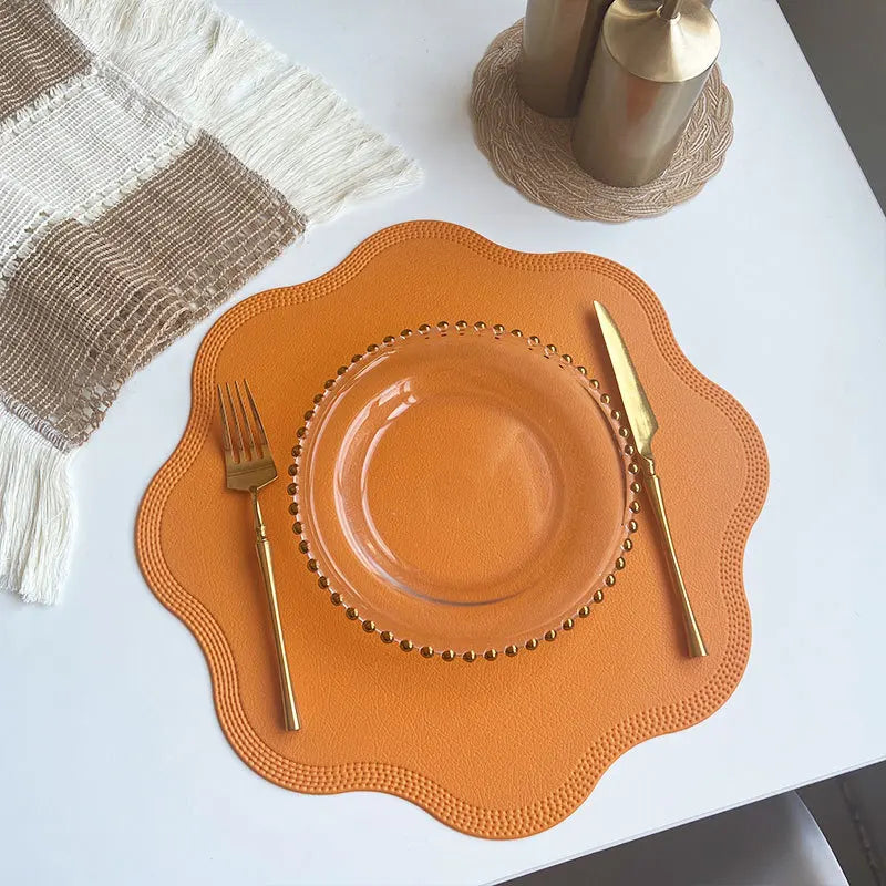 FloraMat Luxury Round Faux Leather Placemats with Embossed Flower Design