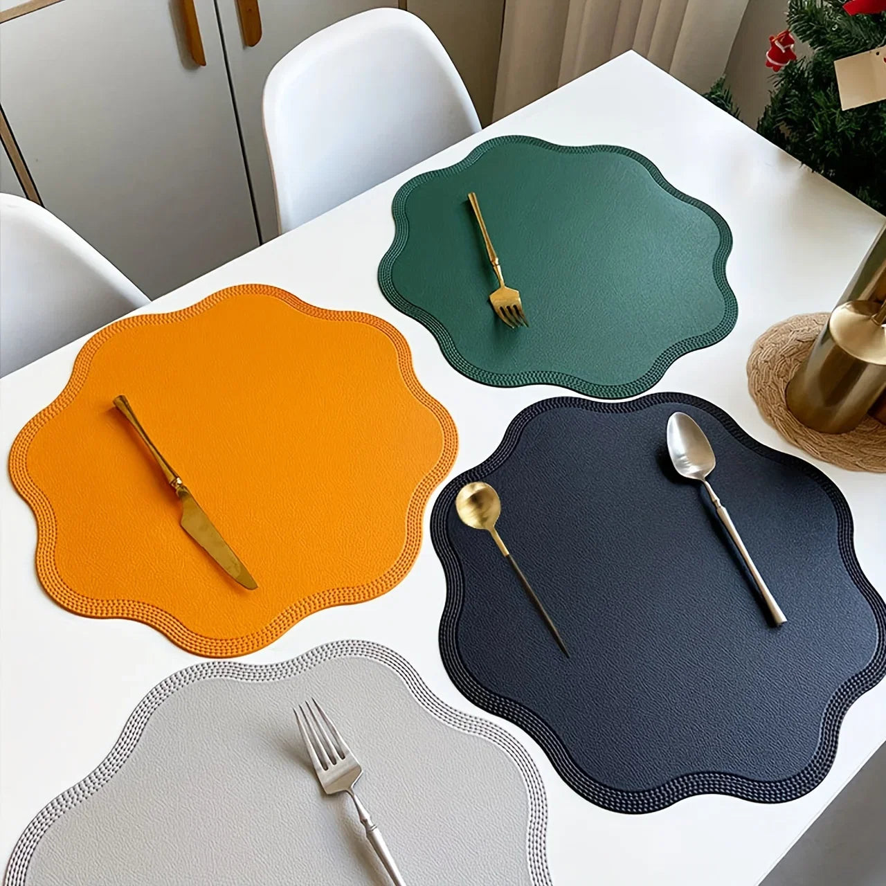 FloraMat Luxury Round Faux Leather Placemats with Embossed Flower Design