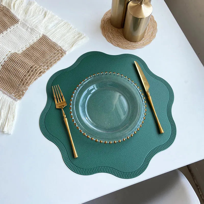 FloraMat Luxury Round Faux Leather Placemats with Embossed Flower Design