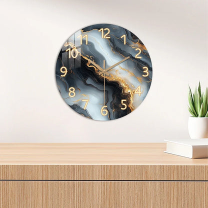 Elegant Blue & Gold Marble Wall Clock with Quiet Wooden Design