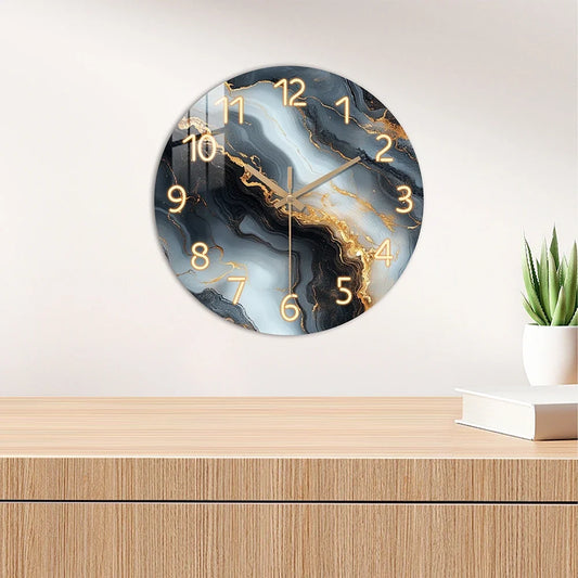 Elegant Blue & Gold Marble Wall Clock with Quiet Wooden Design