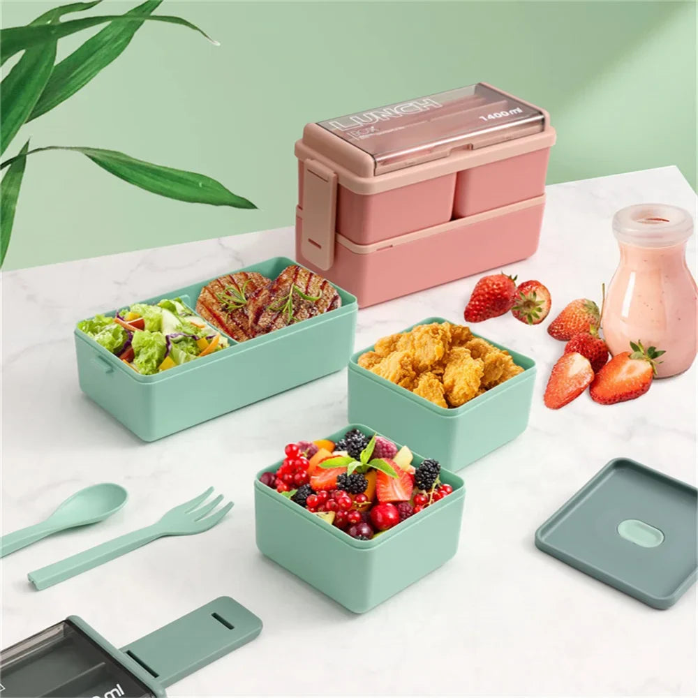 Two-Tier 1400ml Bento Box - Portable Lunch Box with Fork & Spoon, Microwave-Safe Food Storage for Kids & Adults