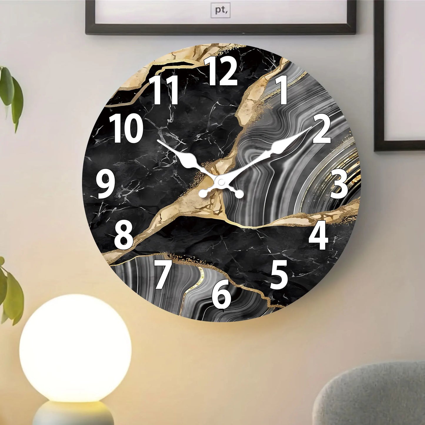 MarbellaTime Modern Round Wooden Wall Clock with Silent Marble Design